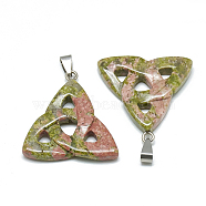 Natural Unakite Pendants, with Stainless Steel Snap On Bails, Trinity Knot/Triquetra, Irish, 23~40x33~38x5~7mm, Hole: 6x4mm(G-T088-06)