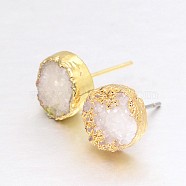 Flat Round Natural Druzy Agate Stud Earrings, with Golden Plated Brass Findings, Snow, 10x6~7mm, Pin: 0.8mm(EJEW-L168-05C)