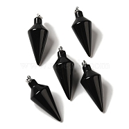 Natural Obsidian Pendants, Cone Charms with Rack Plating Platinum Plated Brass Snap on Bails, 36~36.5x15~15.5mm, Hole: 5~6.5x2mm(G-Z055-02P-11)