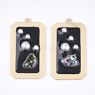 Epoxy Resin Pendants, with ABS Plastic Imitation Pearl and Shell, Alloy Findings and Enamel, Rectangle, Matte Gold Color, Black, 40.5x21x4.5~5.5mm, Hole: 1.5mm(RESI-S365-67A)