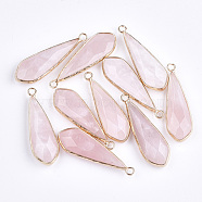 Natural Rose Quartz Pendants, with Brass Findings, Faceted, Drop, Golden, 36~39x11.5x5.5~7mm, Hole: 2mm(G-S344-21C)