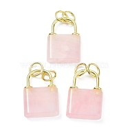 Natural Rose Quartz Pendants, with Golden Brass Findings and Jump Rings, Cadmium Free & Lead Free, Lock, 27x18x5.5mm, Hole: 6mm(G-P453-01G-F-RS)