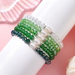 5Pcs Glass & Natural Cultured Freshwater Pearl Beads Stretch Bracelets for Women, Rondelle, Mixed Color, Beads: 6.5x5.5mm, Inner Diameter: 2.24 inch(5.7cm)(BJEW-JB13521)