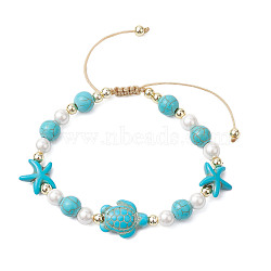 Starfish & Turtle Synthetic Turquoise Braided Bead Bracelets, Shell Pearl Beads Adjustable Bracelets, Inner Diameter: 2-1/4~3-3/8 inch(5.6~8.7cm)(BJEW-JB11047-01)