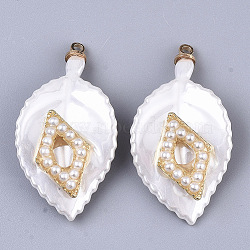 ABS Plastic Pendants, with ABS Plastic Imitation Pearl, Light Gold Plated Alloy Finding and Brass Loop, Leaf with Rhombus, White, 34.5x18.5x6mm, Hole: 1.6mm(KY-T018-08)