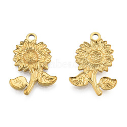 Ion Plating(IP) 201 Stainless Steel Pendants, Sunflower, Real 18K Gold Plated, 26x18x2.5mm, Hole: 2mm(STAS-N098-208LG)