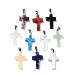 Natural & Synthetic Mixed Gemstone Pendants, Religion Cross Charms with Stainless Steel Color Plated 201 Stainless Steel Snap on Bails, 23~24x13~14x4mm, Hole: 5x3mm(G-P525-02P-1)