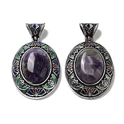 Natural Amethyst Pendants, Antique Silver Tone Alloy Enamel Oval Charms, 45x32x12.5mm, Hole: 6.3x5mm(FIND-A041-01AS-05)