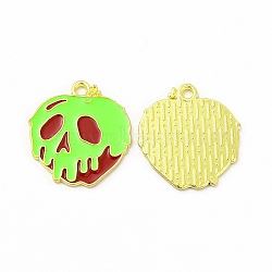 Rack Plating Alloy Enamel Pendants, Cadmium Free & Nickel Free & Lead Free, Halloween Theme, Apple Skull Charm, Light Gold, Lawn Green, 21x20x1.5mm, Hole: 1.8mm(FIND-G054-20LG-02)