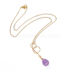 teardrop, Natural Amethyst Pendants Necklaces, with Brass Linking Rings & Cable Chains, 304 Stainless Steel Lobster Claw Clasps, 17.52~17.72 inch(44.5~45cm), 2mm(X-NJEW-JN02918-01)