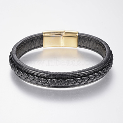 Braided Leather Cord Bracelets, with 304 Stainless Steel Magnetic Clasps, Black, 8-5/8 inch(220mm), 29x14x8mm(BJEW-H561-08F)