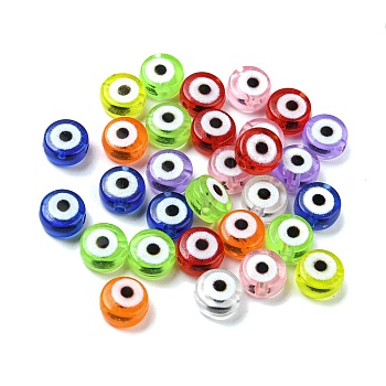 Transparent & Printed Acrylic Beads, Flat Round with Evil Eye Pattern, Mixed Color, 7x4mm, Hole: 1.2mm