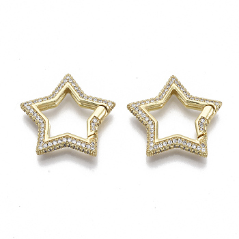 Brass Micro Pave Cubic Zirconia Spring Gate Rings, Nickel Free, Star, Real 16K Gold Plated, Clear, 24.5x26x4mm, Inner Diameter: 15x13mm