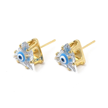 Triangle Glass with Enamel Evil Eye Stud Earrings, Real 18K Gold Plated Brass Jewelry for Women, Deep Sky Blue, 10.5x10.5mm, Pin: 0.7mm
