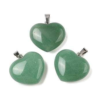 Natural Green Aventurine Pendants, Heart Charms with Stainless Steel Snap on Bails, Staniless Steel Color, 27~28x28~28.5x10~12mm, Hole: 6.5x2.5mm