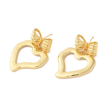 Heart & Bowknot Brass Dangle Stud Earrings, Long-Lasting Plated, Cadmium Free & Lead Free, Real 18K Gold Plated, 38x26.5mm