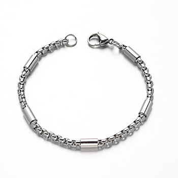 304 Stainless Steel Box Chain Bracelets, with Tube Beads and Lobster Claw Clasps, Stainless Steel Color, 8-1/4 inch(210mm), 4mm