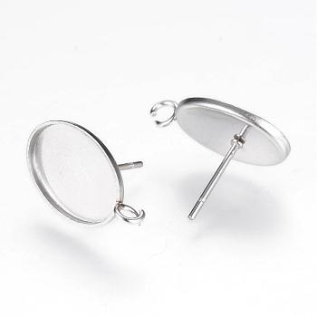 304 Stainless Steel Stud Earring Settings, with Loop, Oval, Stainless Steel Color, Tray: 14x10mm, 18x11mm, Hole: 2mm, pin: 0.8mm