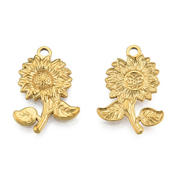 Ion Plating(IP) 201 Stainless Steel Pendants, Sunflower, Real 18K Gold Plated, 26x18x2.5mm, Hole: 2mm