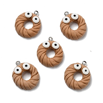 Opaque Resin Pendants, with Platinum Tone Iron Loops, Imitation Food, Doughnut with Eyes, Camel, 27x22x6mm, Hole: 2mm