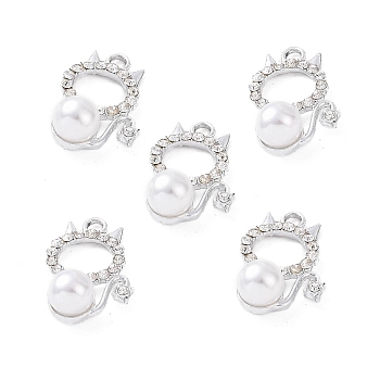 Alloy Rhinestone Pendants, with ABS Plastic Imitation Pearl Beads, Cat Charm, Platinum, 24x16.5x9mm, Hole: 2.5mm