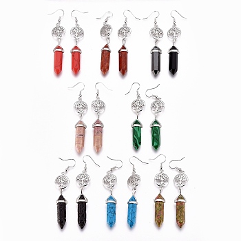 Pointed Bullet Natural & Synthetic Mixed Gemstone Dangle Earrings, with Brass Earring Hooks and Flat Round with Tree of Life Links, Platinum, 76mm, Pin: 0.7mm