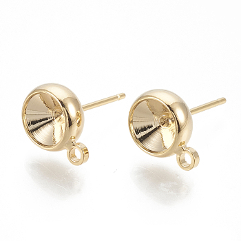 Brass Stud Earring Settings, with Loop, Rhinestone Settings, Nickel Free, Real 18K Gold Plated, Fit for 6mm rhinestone, 10.5x8mm, Hole: 1.5mm, Pin: 0.8mm