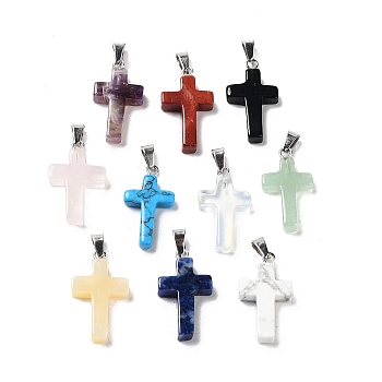 Natural & Synthetic Mixed Gemstone Pendants, Religion Cross Charms with Stainless Steel Color Plated 201 Stainless Steel Snap on Bails, 23~24x13~14x4mm, Hole: 5x3mm