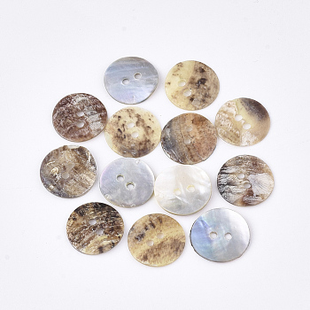 2-Hole Mother of Pearl Buttons, Akoya Shell Button, Flat Round, Tan, 12.5~13x1~2mm, Hole: 1.4mm