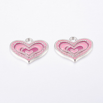Alloy Enamel Pendants, Cadmium Free & Lead Free, Heart, Great For Mother's Day Gifts Making, Platinum, Pink, 19.5x14.5x2mm, Hole: 2.5mm