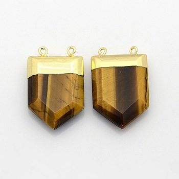 Gemstone Point Pendants with Golden Tone Brass Findings, Tiger Eye, 28~33x19~21x7mm, Hole: 2mm