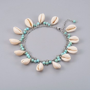 Cowrie Shell Anklets, with Synthetic Turquoise Beads and 304 Stainless Steel Findings, Seashell Color, 9-5/8 inch(24.5cm)