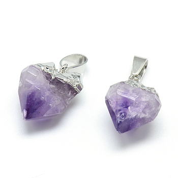 Electroplated Natural Amethyst Pendants, with Iron Findings, Nuggets, Platinum, 15~25x15~22x10~15mm, Hole: 6x3.5mm