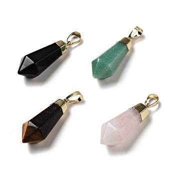 Natural Mixed Stone Pointed Pendants, with Golden Tone Brass Findings, Bullet, 35~36.5x13~13.5x12mm, Hole: 5x7mm