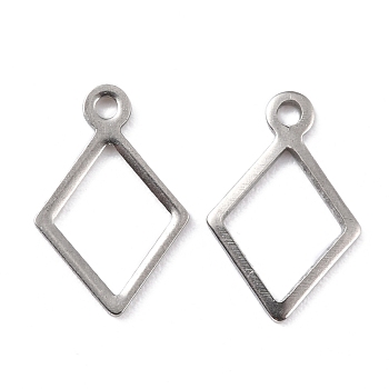 201 Stainless Steel Charms, Rhombus, Stainless Steel Color, 14x9x0.8mm, Hole: 1.2mm