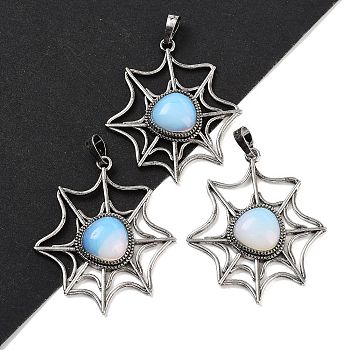 Opalite Spider Web Pendants, Rack Plating Antique Silver Plated Brass Halloween Net Charms, Cadmium Free & Lead Free, 44.5x37.5x7mm, Hole: 7.5x5mm