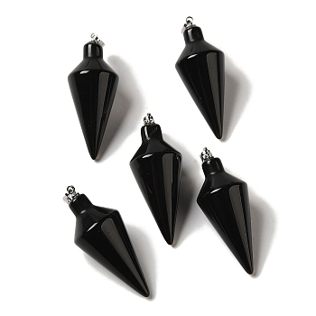 Natural Obsidian Pendants, Cone Charms with Rack Plating Platinum Plated Brass Snap on Bails, 36~36.5x15~15.5mm, Hole: 5~6.5x2mm