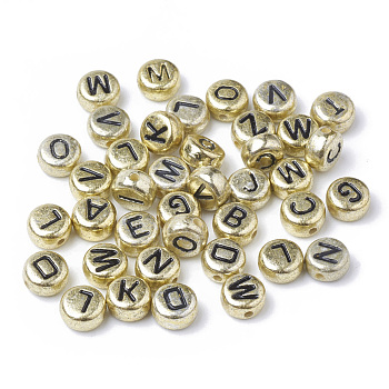 Plating Acrylic Beads, Horizontal Hole, Flat Round with Letter, Golden Plated, 7x4mm, Hole: 1mm