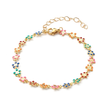 Brass Enamel Link Chain Bracelets, Flower, Colorful, 7-1/4 inch(18.5cm)