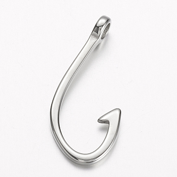 304 Stainless Steel Hook Clasps, Fish Hook Charms, For Leather Cord Bracelets Making, Hook, Stainless Steel Color, 39.5x17x7mm, Hole: 4mm