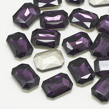 Pointed Back Glass Rhinestone Cabochons, Faceted, Rectangle Octagon, Tanzanite, 14x10x4mm
