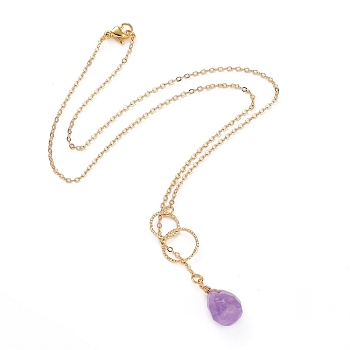 teardrop, Natural Amethyst Pendants Necklaces, with Brass Linking Rings & Cable Chains, 304 Stainless Steel Lobster Claw Clasps, 17.52~17.72 inch(44.5~45cm), 2mm