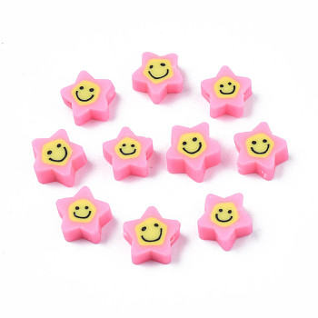 Handmade Polymer Clay Beads, Star with Smiling Face, Pearl Pink, 7.5~9x8.5~9x3.5~4mm, Hole: 1.6mm