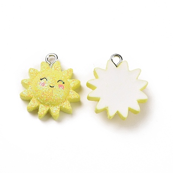 Opaque Resin Pendants, Sun Charm, with Glitter Powder and Platinum Tone Iron Loops, Yellow, Sun Pattern, 21x18.5x7mm, Hole: 1.8mm
