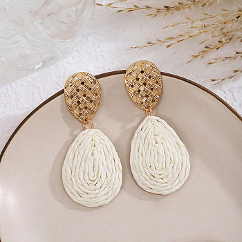 Bohemian Style Raffia & Iron Dangle Stud Earrings, Teardrop, Golden, White, 65x29mm
