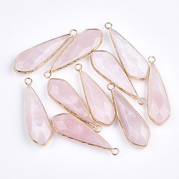 Natural Rose Quartz Pendants, with Brass Findings, Faceted, Drop, Golden, 36~39x11.5x5.5~7mm, Hole: 2mm