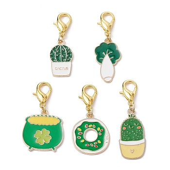 Alloy Enamel Pendant Decorations, with Zinc Alloy Lobster Claw Clasps, Mixed Shapes, Green, 38.5~44.5mm