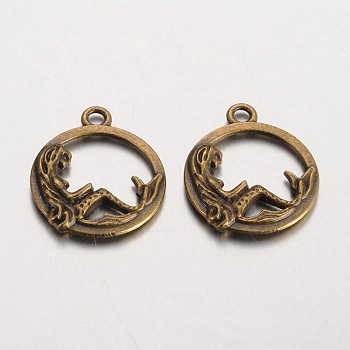 Flat Round with Mermaid Tibetan Style Alloy Pendants, Lead Free & Nickel Free & Cadmium Free, Antique Bronze, 19.5x16.5x2mm, Hole: 2mm, about 909pcs/1000g