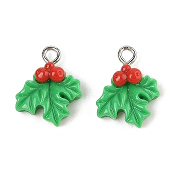 Christmas Theme Opaque Resin Pendants, with Platinum Iron Loop, Leaf, 17x13x6.5mm, Hole: 2mm