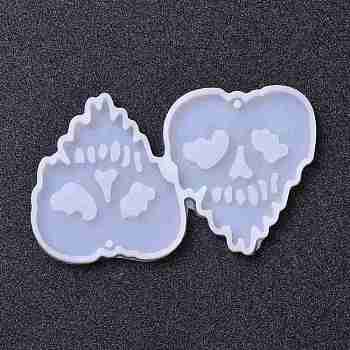 Halloween Theme DIY Pendant Silicone Molds, for Earring Making, Resin Casting Molds, For UV Resin, Epoxy Resin Jewelry Making, Skull, White, 91x54x4mm, Hole: 2mm, Inner Diameter: 47x45mm
